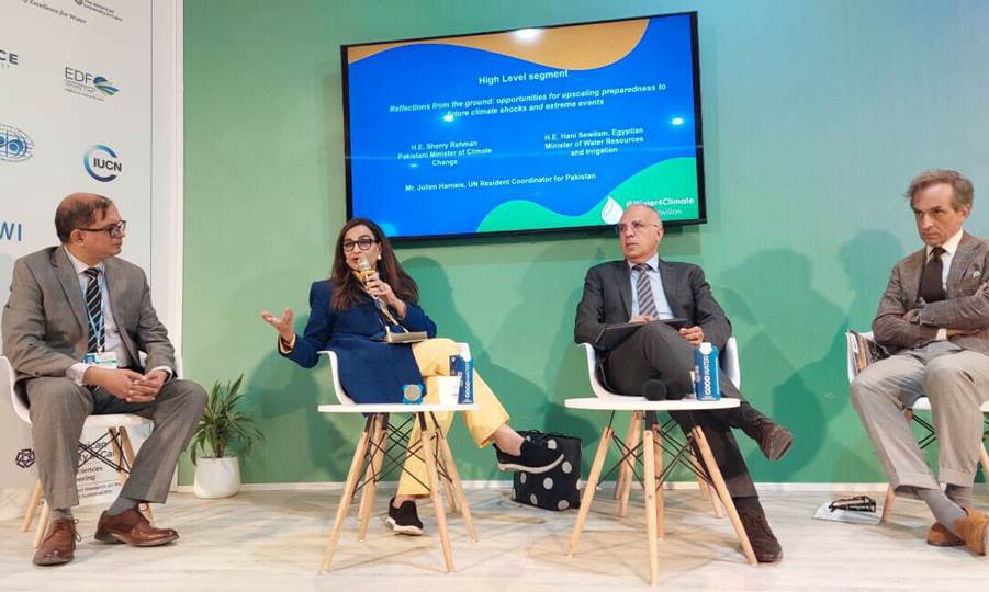 <p>Climate Change Minister Sherry Rehman speaks at a high-level segment ’Reflections from the ground: Opportunities for upscaling preparedness to future climate shocks and climate events, at the Water Pavilion during COP27. — Photo courtesy Sherry Rehman Twitter</p>