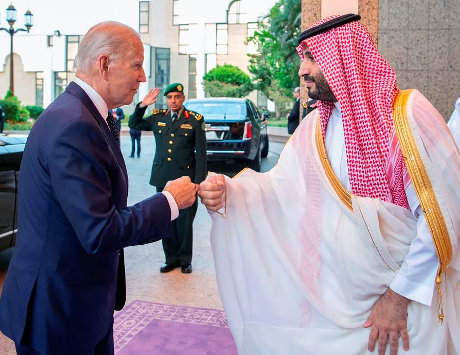 Saudi Crown Prince Mohammed bin Salman greets President Joe Biden with a fist bump