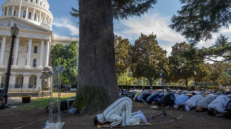 A group of people praying in front of a large tree  Description automatically generated