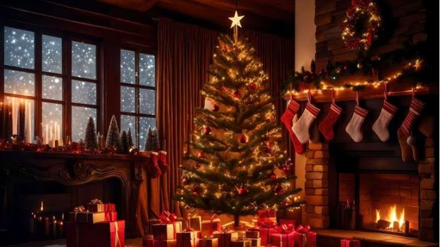 A christmas tree with presents in a room  Description automatically generated