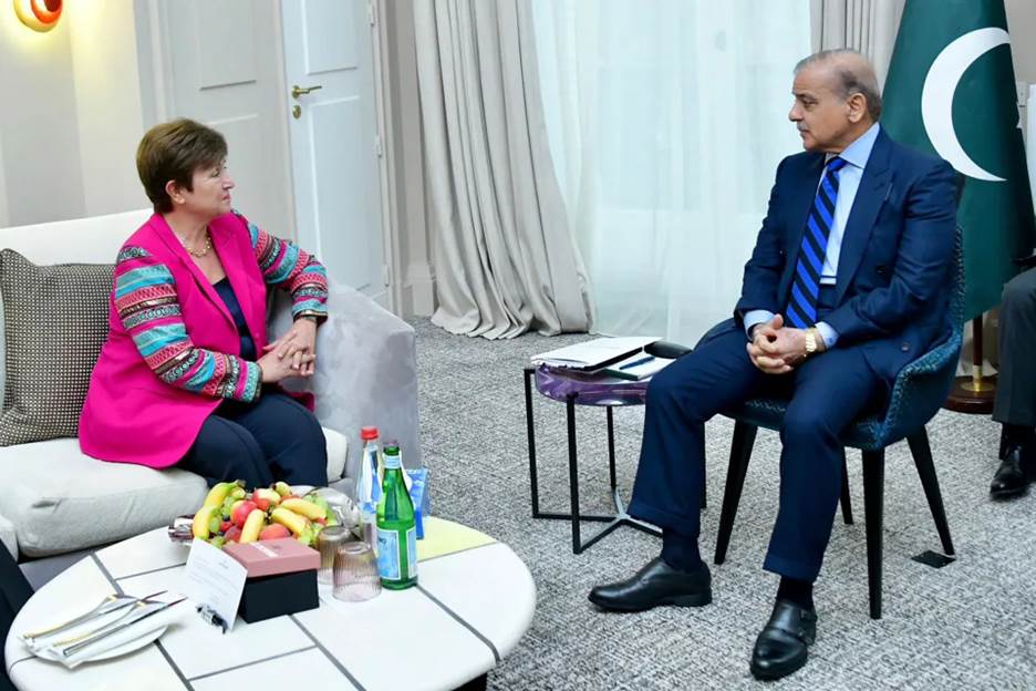 Prime Minister Shahbaz Sharif, right, meets with International Monetary Fund's Managing Director Kristalina Georgieva in Paris, France, on June 22, hoping to unlock a $6 billion bailout and gain the release of a critical tranche of $1.1 billion in loans which has been on hold since November.<span class=copyright>Prime Minister Office/AP</span>