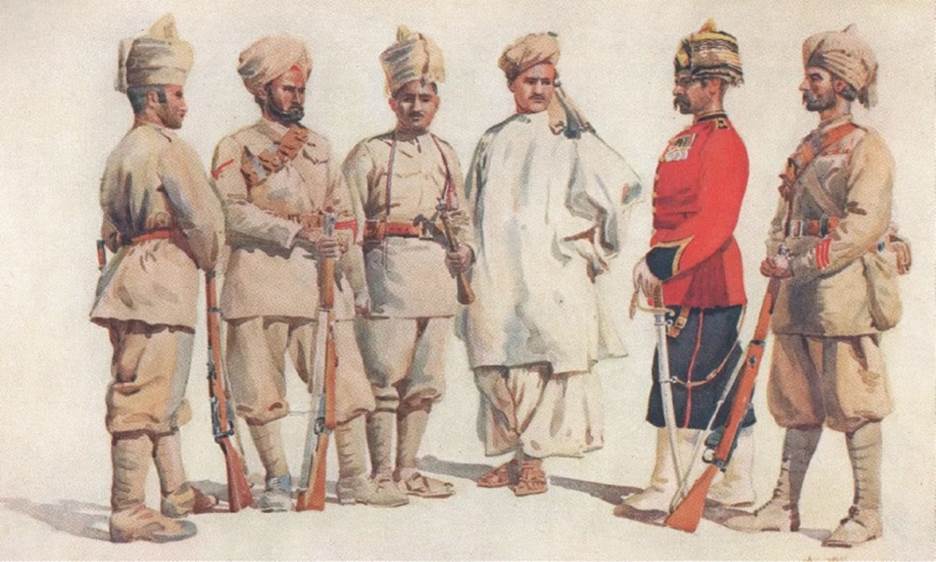 19th Punjab Regiment of British Indian Army, highlighting ethnic diversity of its soldiers: (L to R) Afridi, Sikh, Bangash, Swati, Yusufzai, Punjabi Muslim | Watercolour by Major AC Lovett, 1910