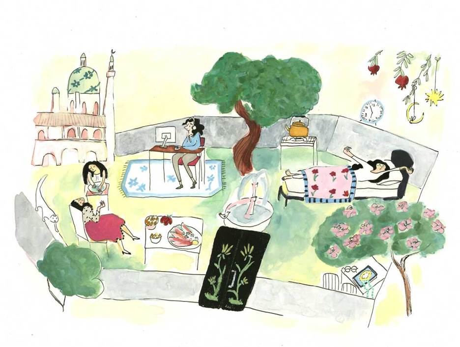 A Ramadan illustration shows scenes of working from home, napping and preparing food.