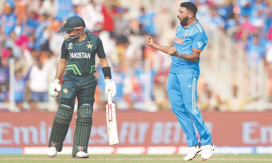 Ahmedabad: India’s Mohammed Siraj celebrates after taking the wicket of Pakistan’s captain Babar Azam during their ICC Cricket World Cup match at Narendra Modi Stadium, on Saturday.—Reuters