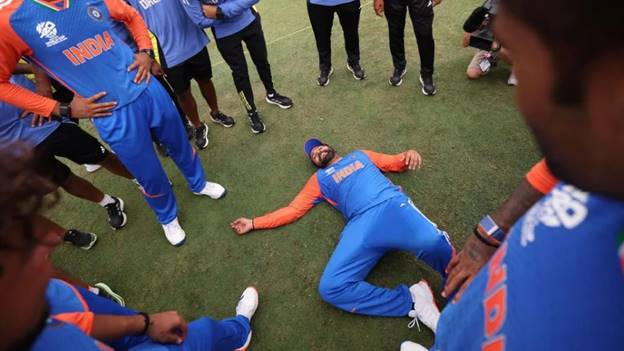 BRIDGETOWN, BARBADOS - JUNE 29: Rohit Sharma of India celebrates victory after winning the ICC Men's T20 Cricket World Cup following the ICC Men's T20 Cricket World Cup West Indies & USA 2024 Final match between South Africa and India at Kensington Oval on June 29, 2024 in Bridgetown, Barbados. (Photo by Robert Cianflone/Getty Images)