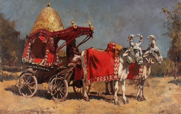 A horse carriage with a red blanket  Description automatically generated