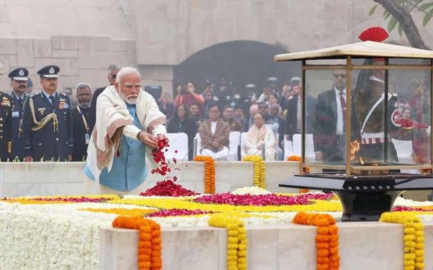 Indian prime minister Narendra Modi pays tributes to Mahatma Gandhi on the anniversary of his assassination