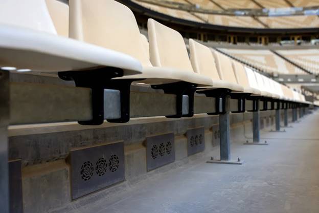 Individual cooling vents under each seat in the showpiece stadium in Lusail, Qatar, on June 13, 2022.  (Tasneem Alsultan/The New York Times)