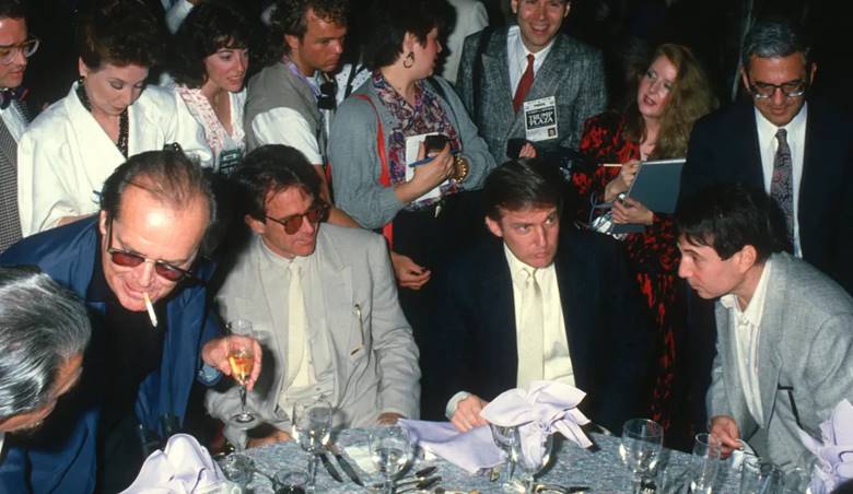 Actors Jack Nicholson and Warren Beatty, musician Paul Simon, and then real estate developer (and now President-elect) Donald Trump attend the boxing match between Mike Tyson and Leon Spinks at Trump Plaza Hotel and Casino, Atlantic City, New Jersey, June 27, 1988. / Credit: Ron Galella, Ltd./Ron Galella Collection via Getty Images