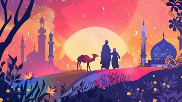 A person and child walking with camels in front of a sunset  Description automatically generated