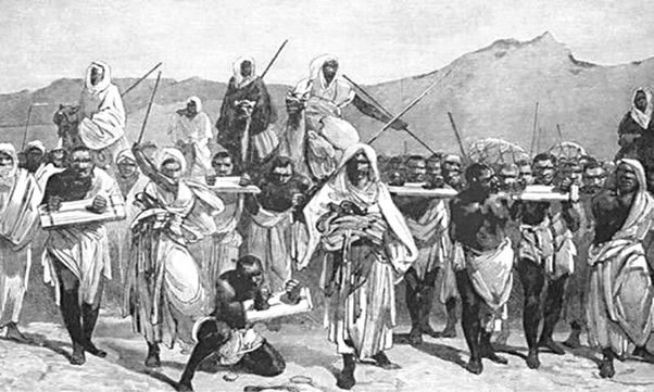 A 19th-century engraving depicting an Arab slave-trading caravan transporting enslaved Africans slaves: although the Indian Ocean slave trade had existed for a long time, it grew considerably in India and other Indian Ocean regions from the late 17th to the mid-19th century | Wikimedia Commons