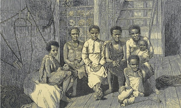An illustration from the book Slave-catching in the Indian Ocean by Philip Howard Colomb, published in 1873. The book details the British naval campaign to suppress the East African slave trade in the late 19th century