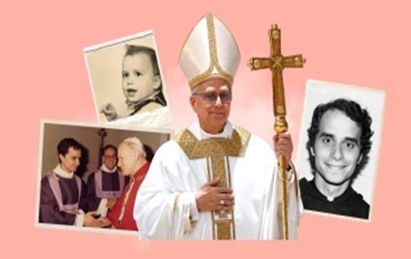 Collage of a bishop with photos of his younger self, Pope John Paul II, and another man.