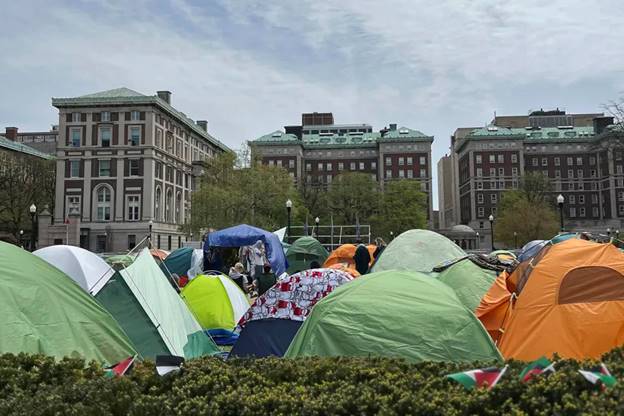 Pro-Palestinian protesters camp out in tents at Columbia University in New York on Saturday. (AP)