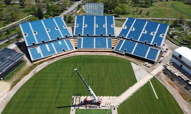 This aerial photo taken on May 1, 2024 shows the Nassau County International Cricket Stadium under construction in Eisenhower Park in East Meadow, New York, ahead of the ICC T20 World Cup 2024. The newly-built Nassau County International Cricket Stadium, near New York, was launched on May 15, 2024 — AFP