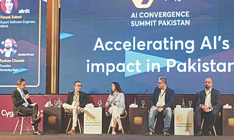 KARACHI: (From left) Cygnis CEO Ahmed Hashim moderates a panel discussion featuring SadaPay CEO Omer Salimullah, Afiniti’s Faryal Zuberi, Penumbra founder Habibullah Khan and SenseApplied founder Farhan Chawla.—Dawn