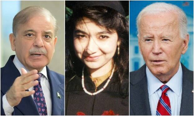 A combination photo featuring Prime Minister Shehbaz Sharif, Dr Aafa Siddiqui and US President Joe Biden. — Dawn/File