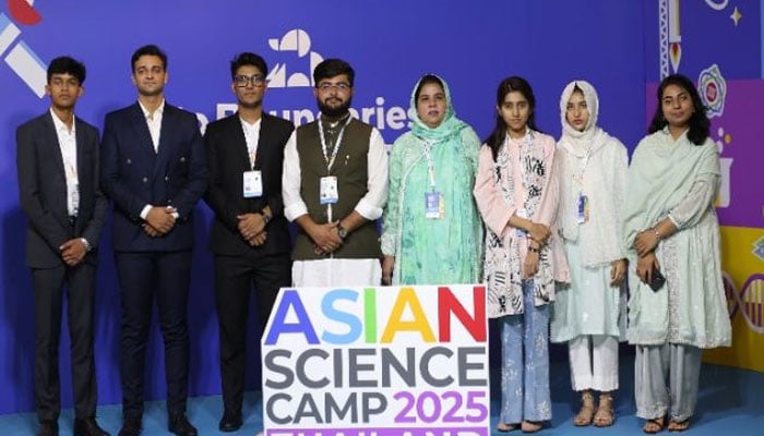 Pakistan team members pose for a group photo at the Asian Science Camp 2025 in Thailand. &mdash; APP
