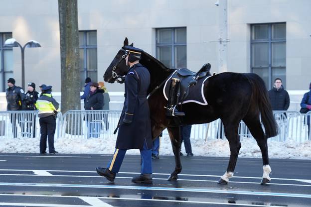 A person in a uniform walking with a horse  Description automatically generated