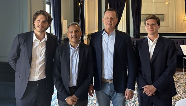 Pakistani American physician, Dr Asif Mahmood (centre left) pictured along with Kasim Khan (left) and Sulaiman Khan (right) and Richard Grenell in California, US, July 23, 2025. &mdash; X/@DrMahmood40