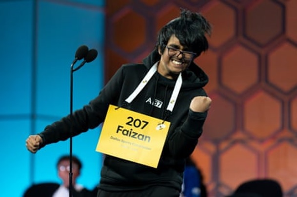 Faizan Zaki, 13, of Dallas, reacts after spelling his word correctly during the semi-finals of the Scripps National Spelling Bee at the Gaylord National Resort & Convention Center on Wednesday in Oxon Hill, Maryland.