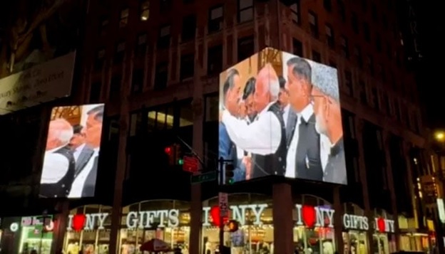 Image shows video in praise of Field Marshal Asim Munir being run at Times Square billboard in New York City. &mdash;  Screengrab/X/@MurtazaViews/File