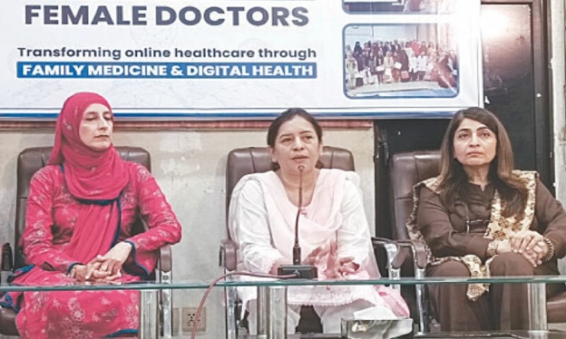 Acting DUHS VC Prof Jehan Ara Hasan (centre) speaks as Prof Anum Arshad and Prof Asima Faisal look on.—Dawn
