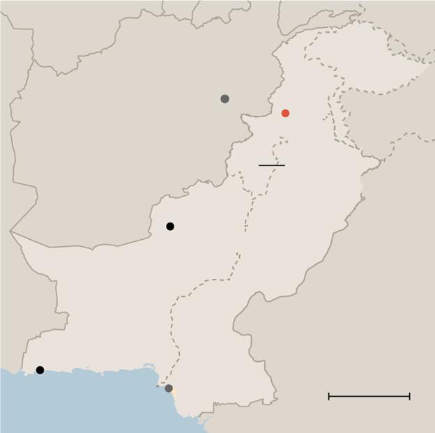 A map of pakistan with black and red dots  Description automatically generated