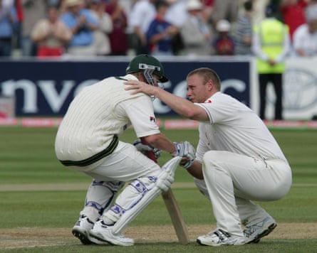 Andrew Flintoff (right) consoles Brett Lee after England won the second Ashes Test by two runs at Edgbaston in 2005.